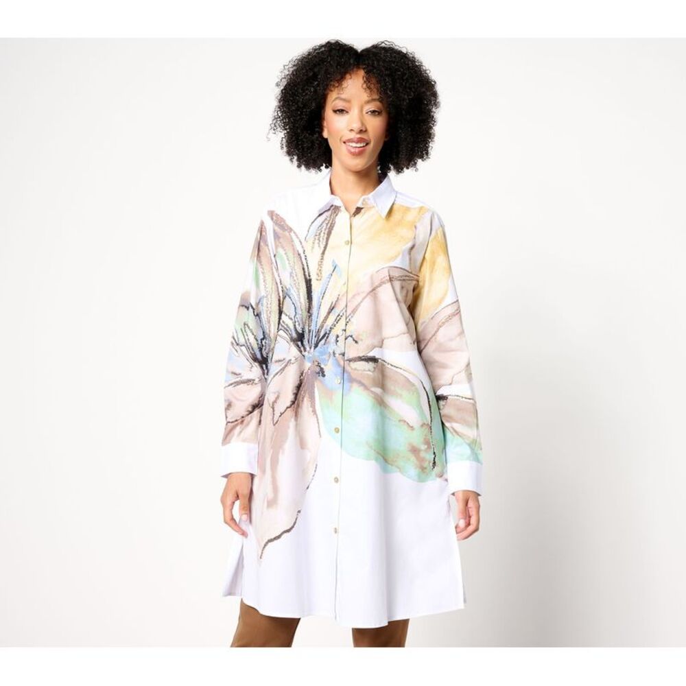 Susan Graver Women's Top Sz XL Printed Poplin Button Front Multi-colored A684081